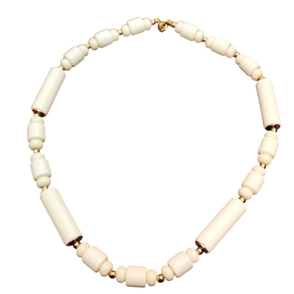 Vintage‎ Trifari Cream Barrel Bead Necklace Gold Tone Choker Designer Jewelry